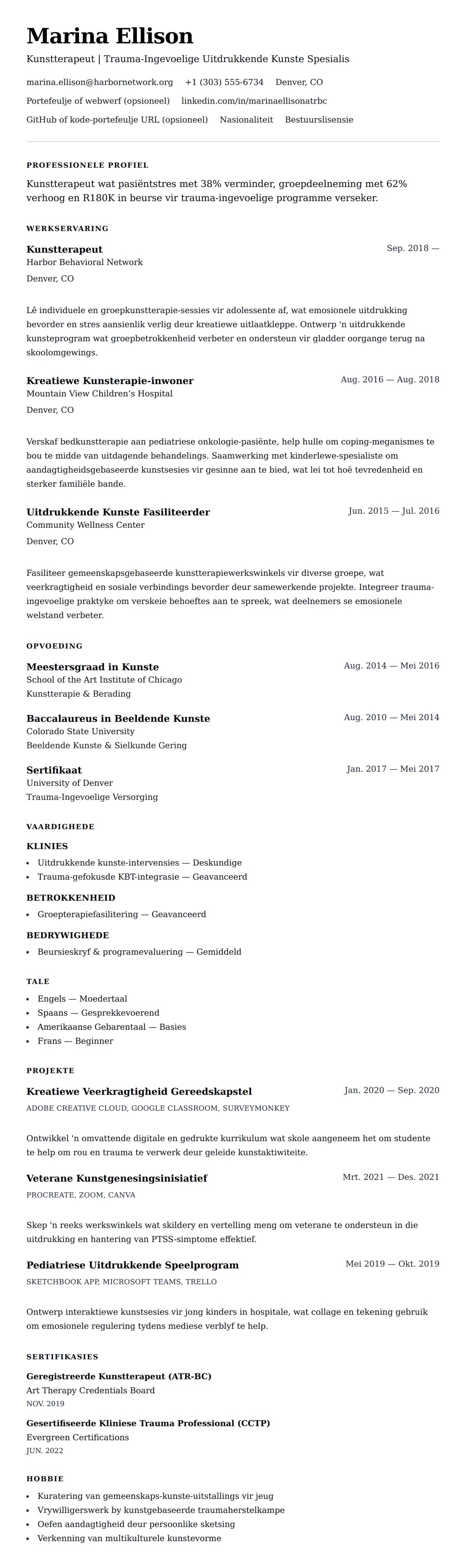 Leweensbeskrywing-vooruitskouk vir Kunstterapeut Leweenskrif Voorbeeld