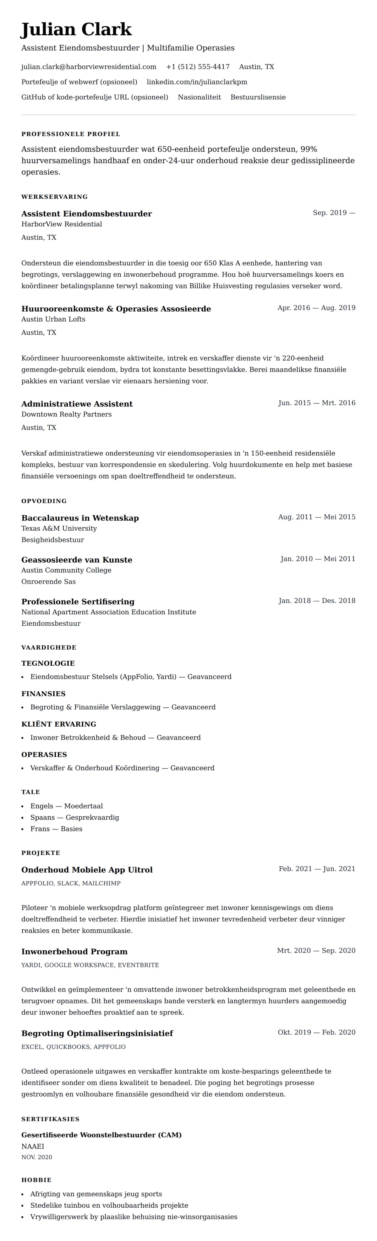 Leweensbeskrywing-vooruitskouk vir Assistent Eiendomsbestuurder Lewensloop Voorbeeld