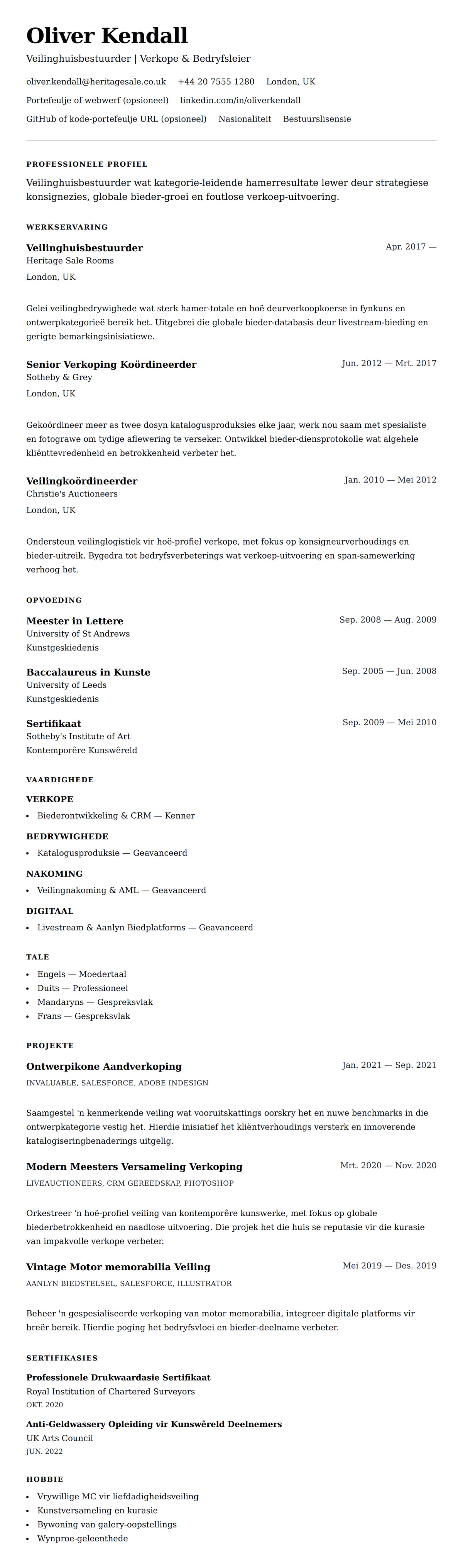 Leweensbeskrywing-vooruitskouk vir Veilinghuisbestuurder Lewensloopvoorbeeld