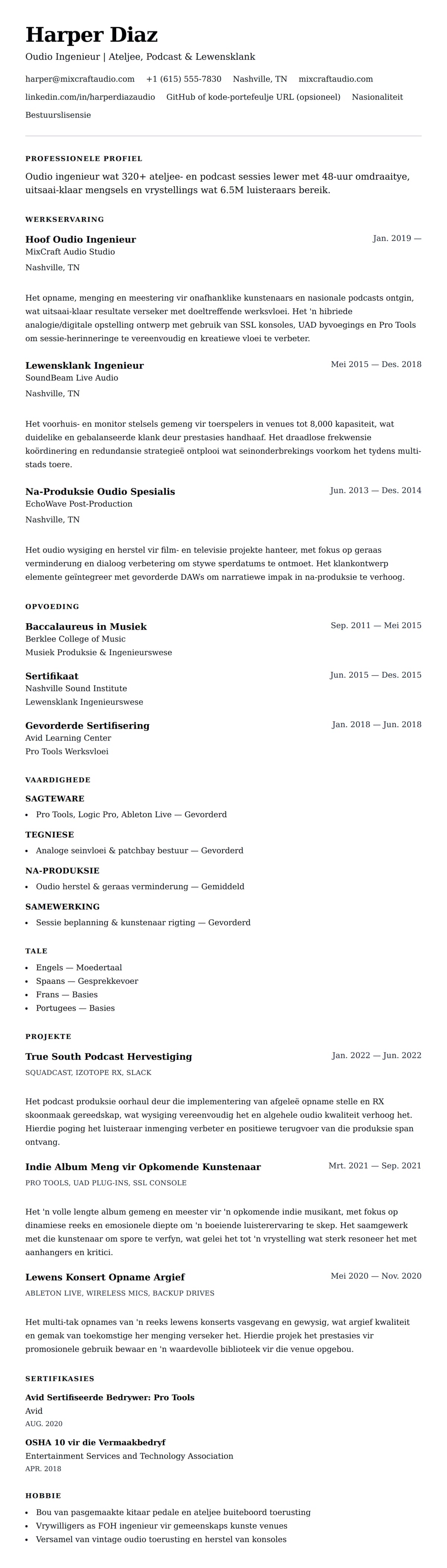 Leweensbeskrywing-vooruitskouk vir Oudio Ingenieur Lewensloop Voorbeeld