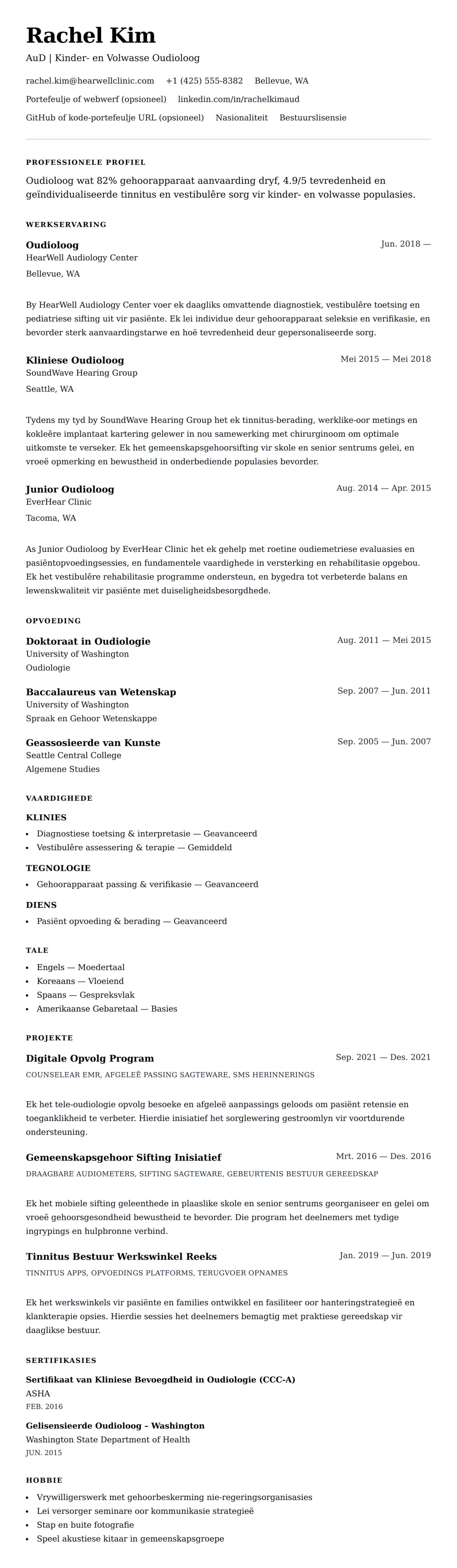 Leweensbeskrywing-vooruitskouk vir Oudioloog Lewensloop Voorbeeld