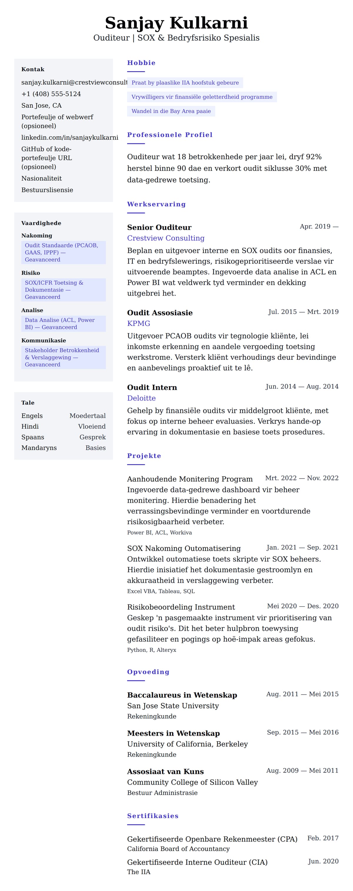 Leweensbeskrywing-vooruitskouk vir Ouditeur Lewensloop Voorbeeld