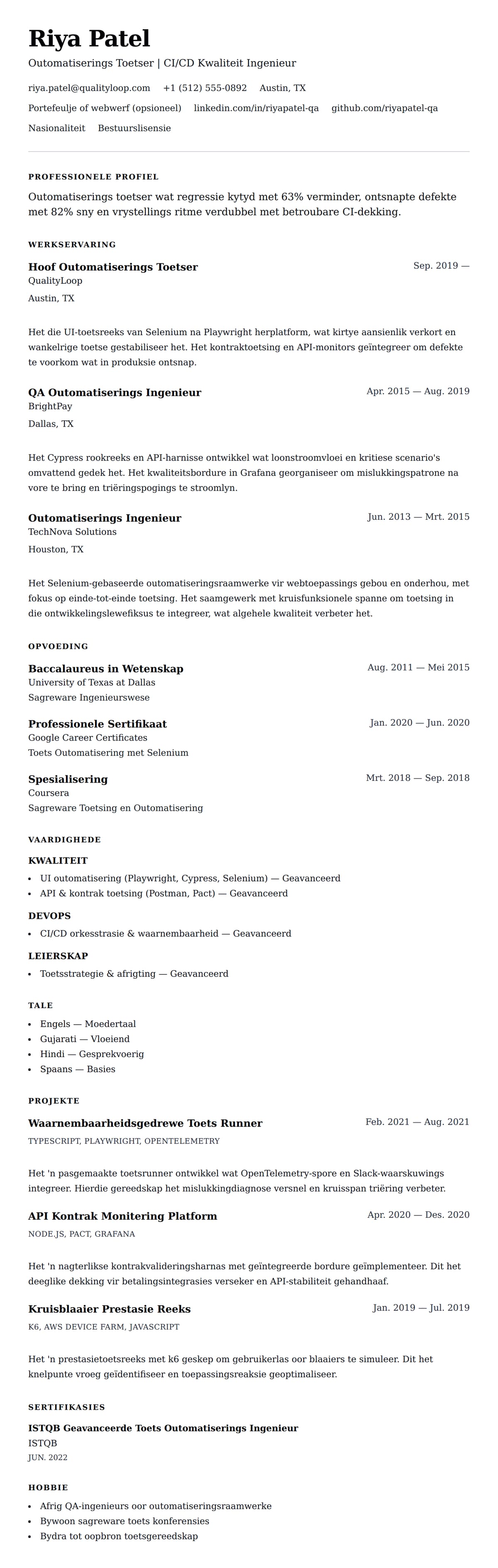 Leweensbeskrywing-vooruitskouk vir Outomatiserings Toetser Lewensloop Voorbeeld