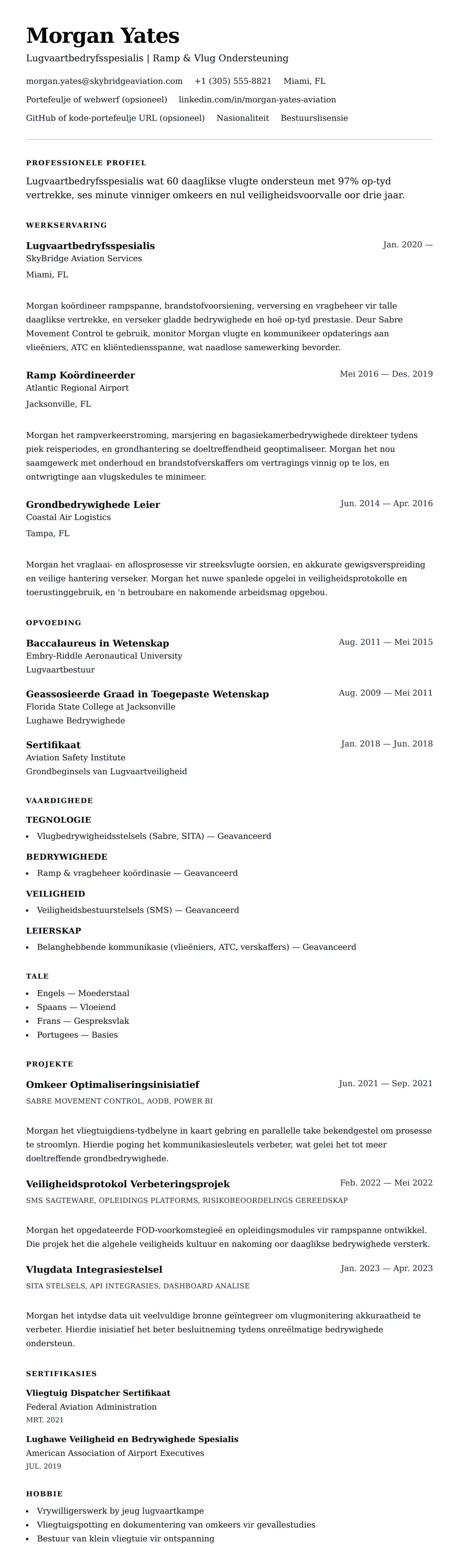 Leweensbeskrywing-vooruitskouk vir Lugvaartbedryfsspesialis Lewensloop Voorbeeld