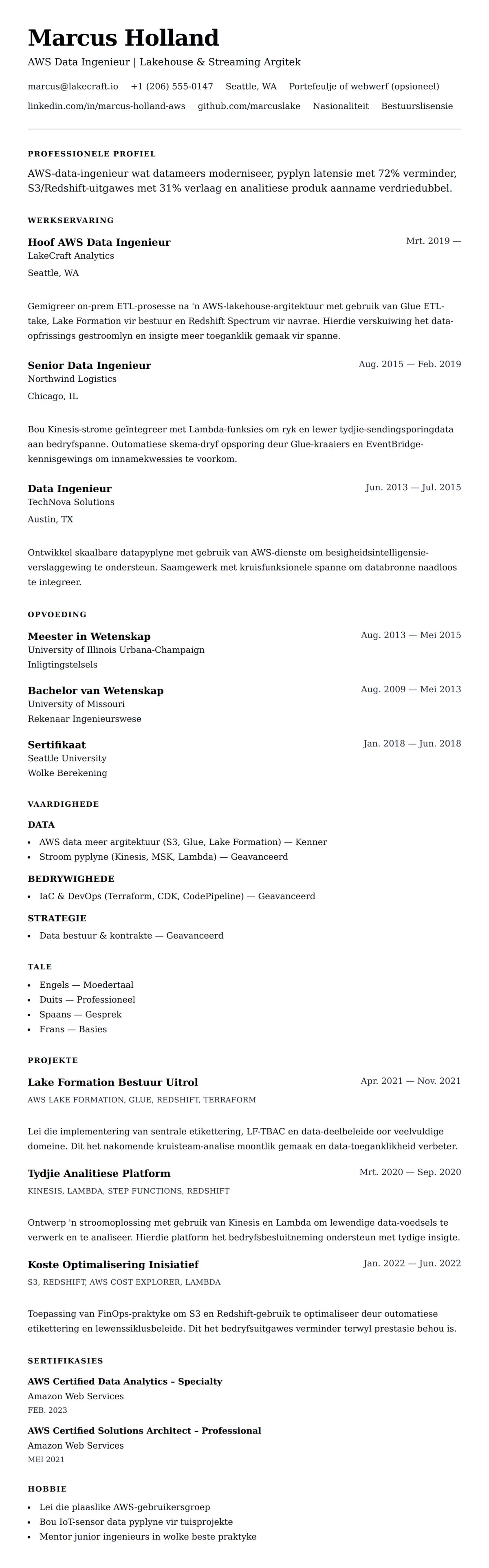 Leweensbeskrywing-vooruitskouk vir AWS Data Ingenieur Lewensloop Voorbeeld