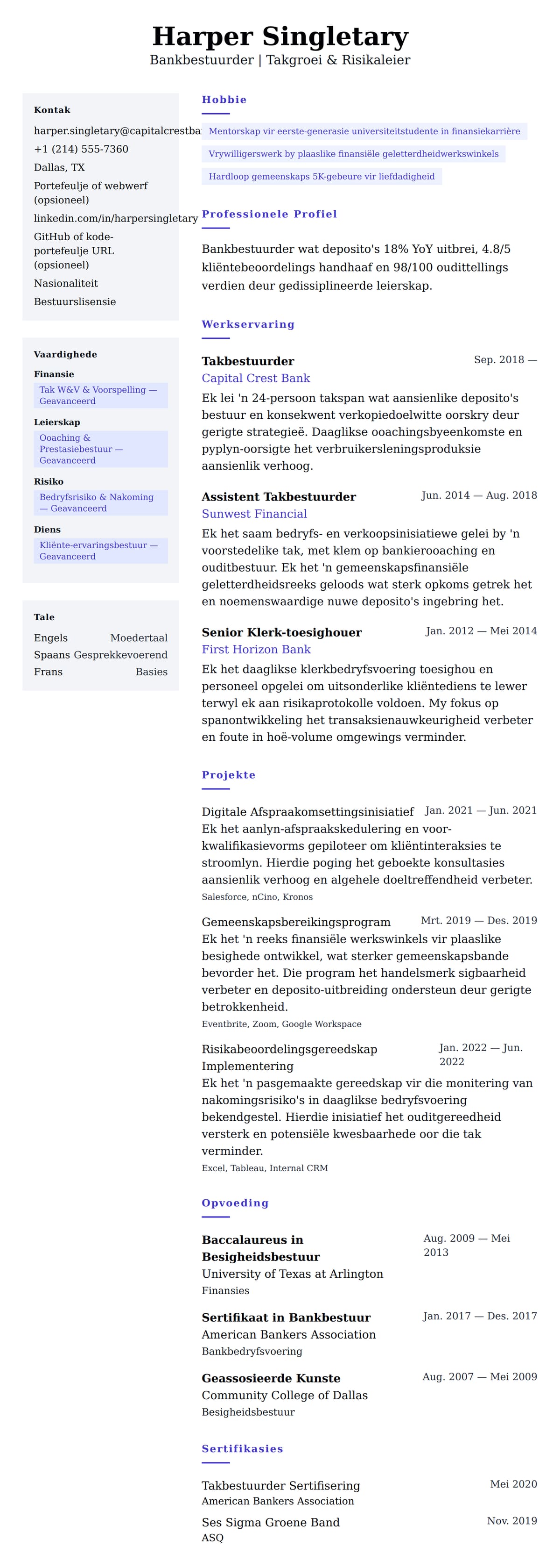 Leweensbeskrywing-vooruitskouk vir Bankbestuurder Lewensloop Voorbeeld