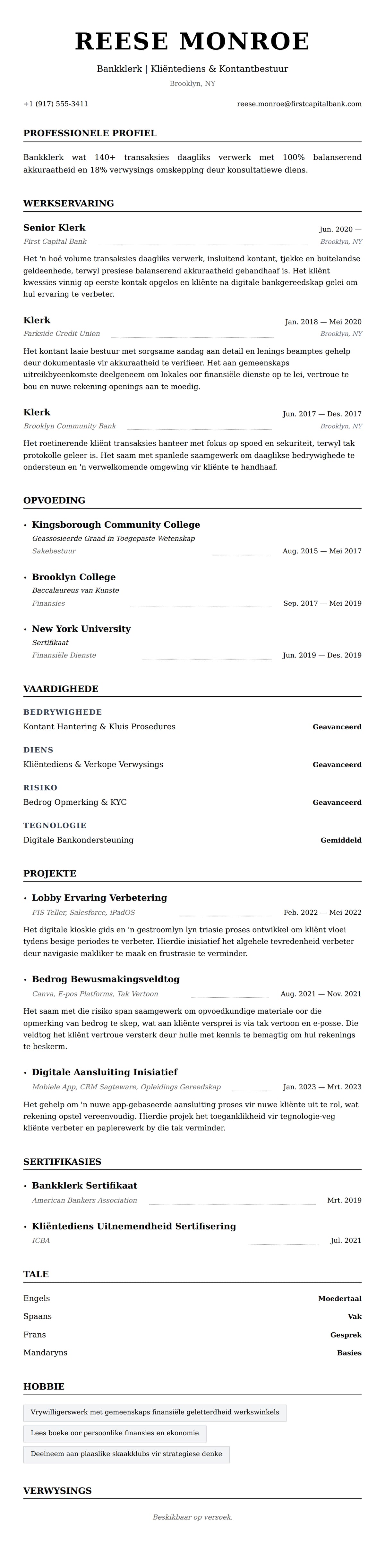 Leweensbeskrywing-vooruitskouk vir Bankklerk Lewensloop Voorbeeld