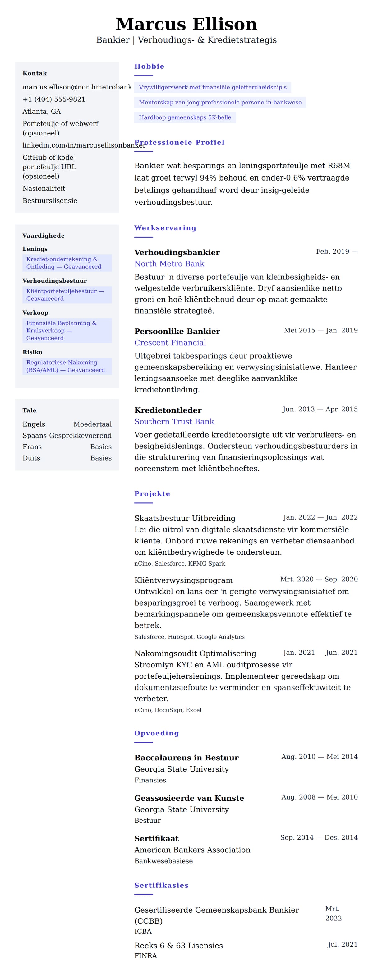 Leweensbeskrywing-vooruitskouk vir Bankier Lewensbeskrywing Voorbeeld