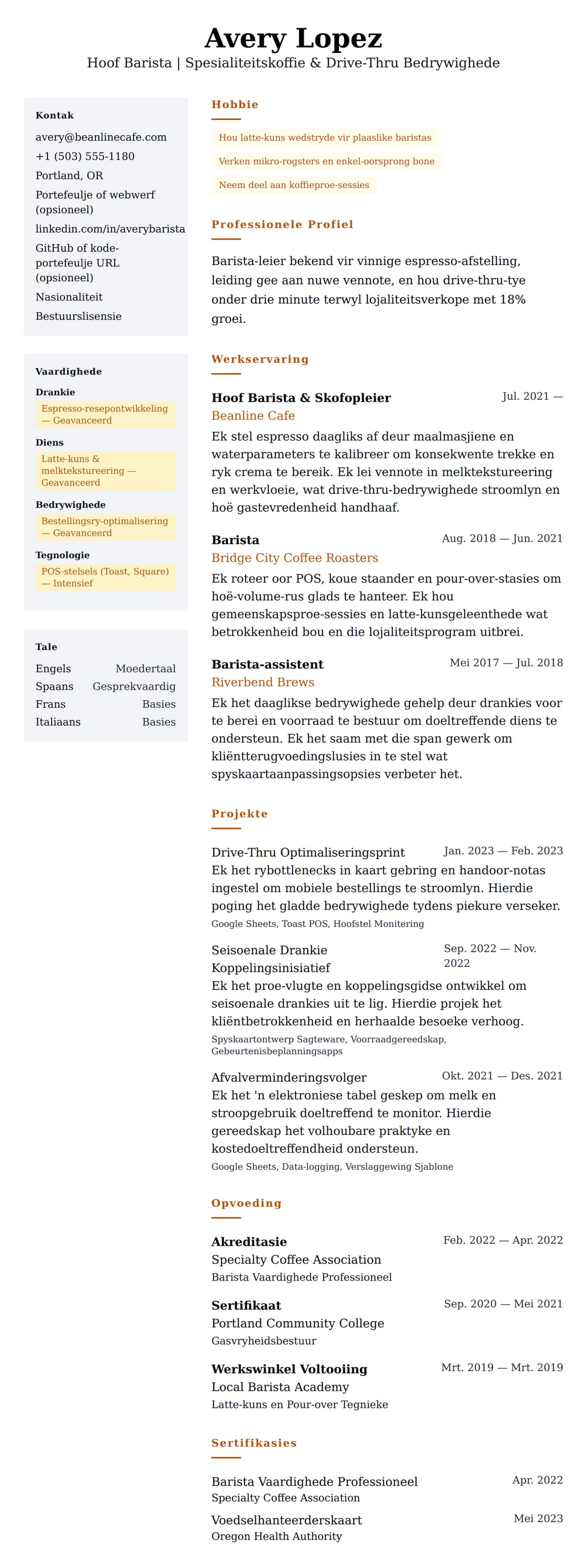 Leweensbeskrywing-vooruitskouk vir Barista Lewensloop Voorbeeld