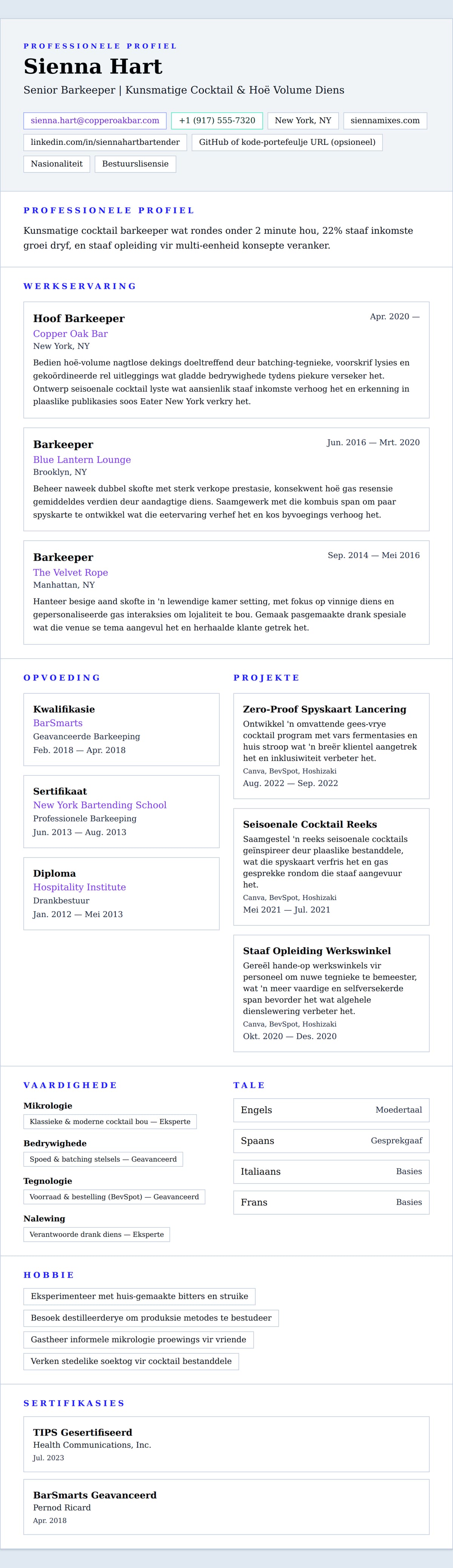 Leweensbeskrywing-vooruitskouk vir Barkeeper CV Voorbeeld