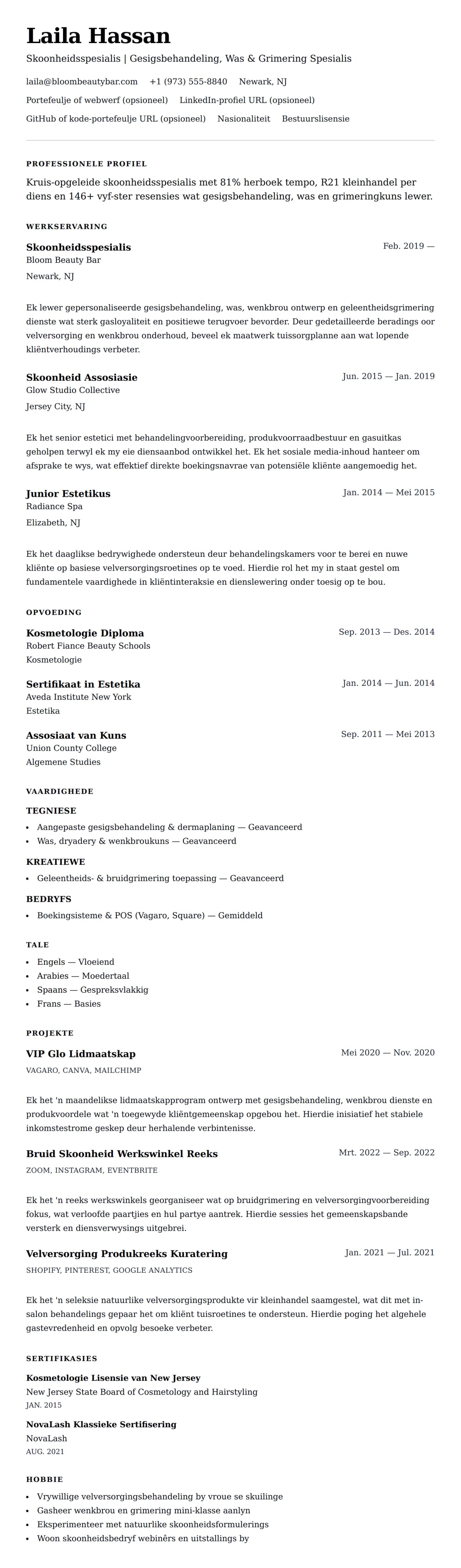 Leweensbeskrywing-vooruitskouk vir Skoonheidsspesialis Lewensloop Voorbeeld