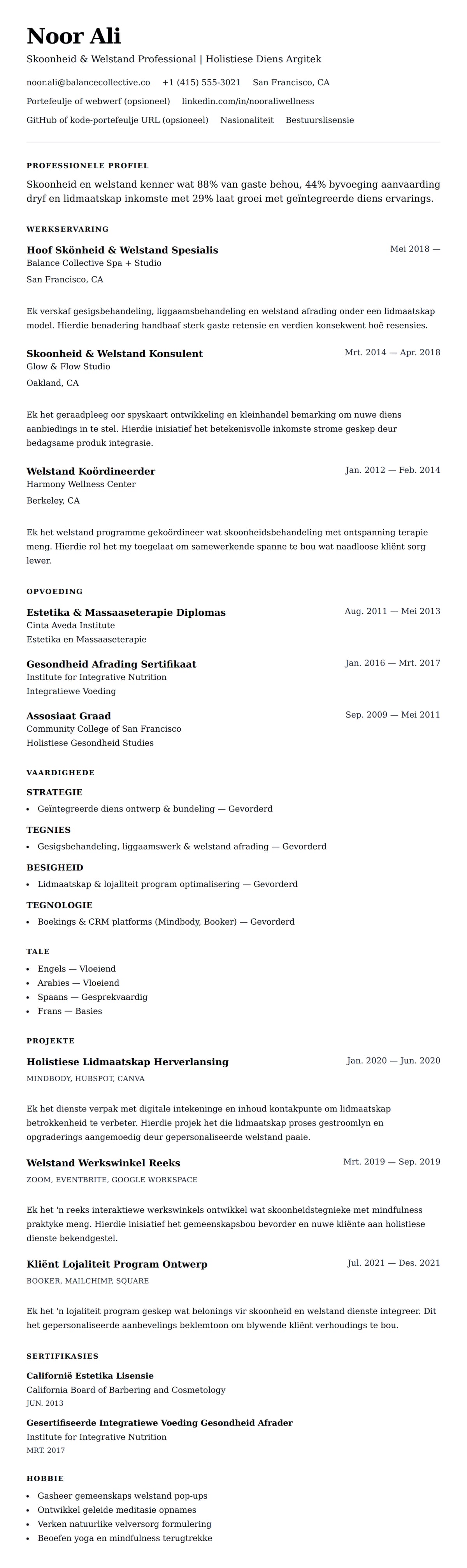 Leweensbeskrywing-vooruitskouk vir Skoonheid en Welstand Professional CV Voorbeeld