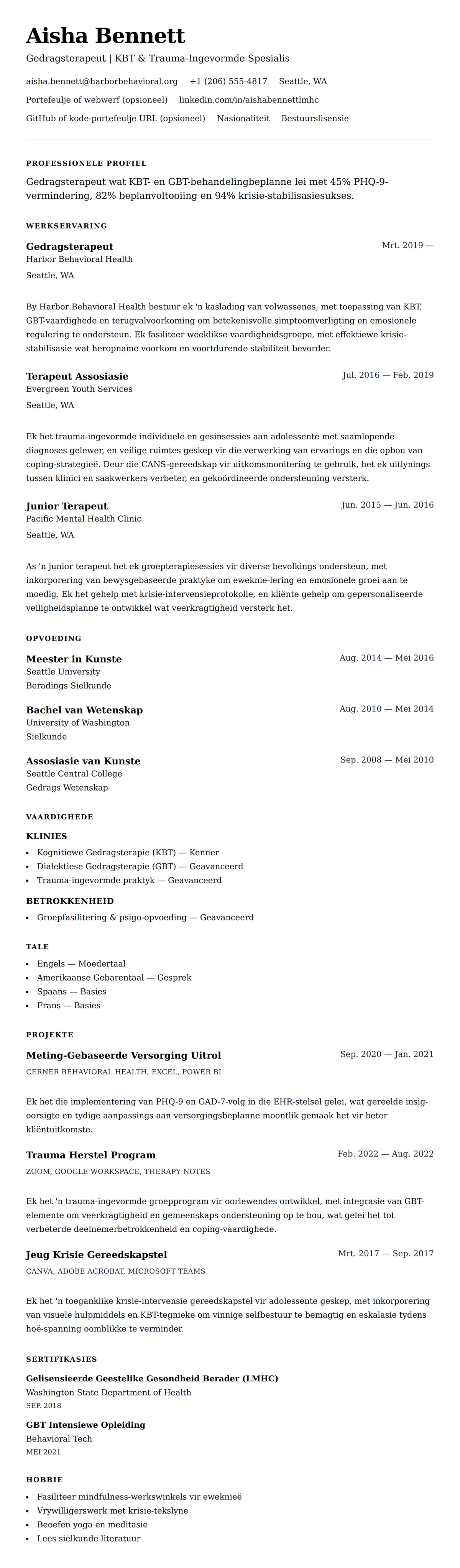 Leweensbeskrywing-vooruitskouk vir Gedragsterapeut CV-voorbeeld