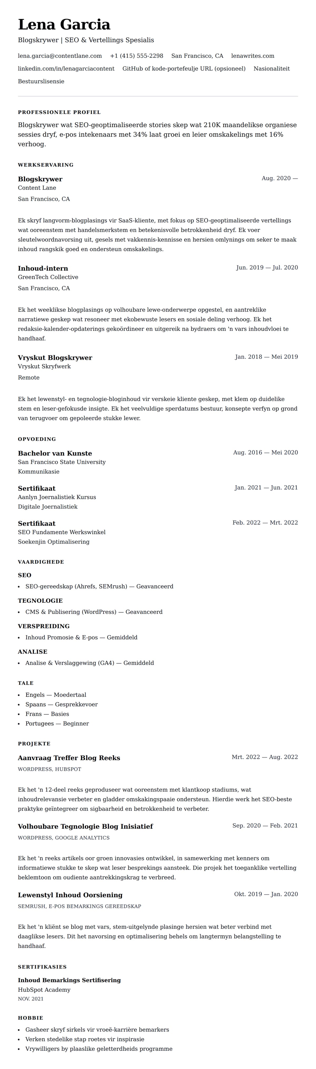 Leweensbeskrywing-vooruitskouk vir Blogskrywer Lewensloop Voorbeeld