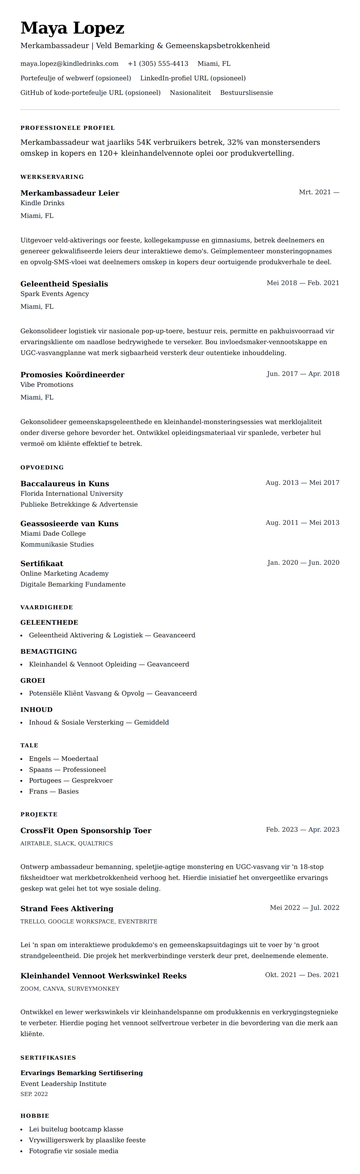 Leweensbeskrywing-vooruitskouk vir Merkambassadeur CV-Voorbeeld
