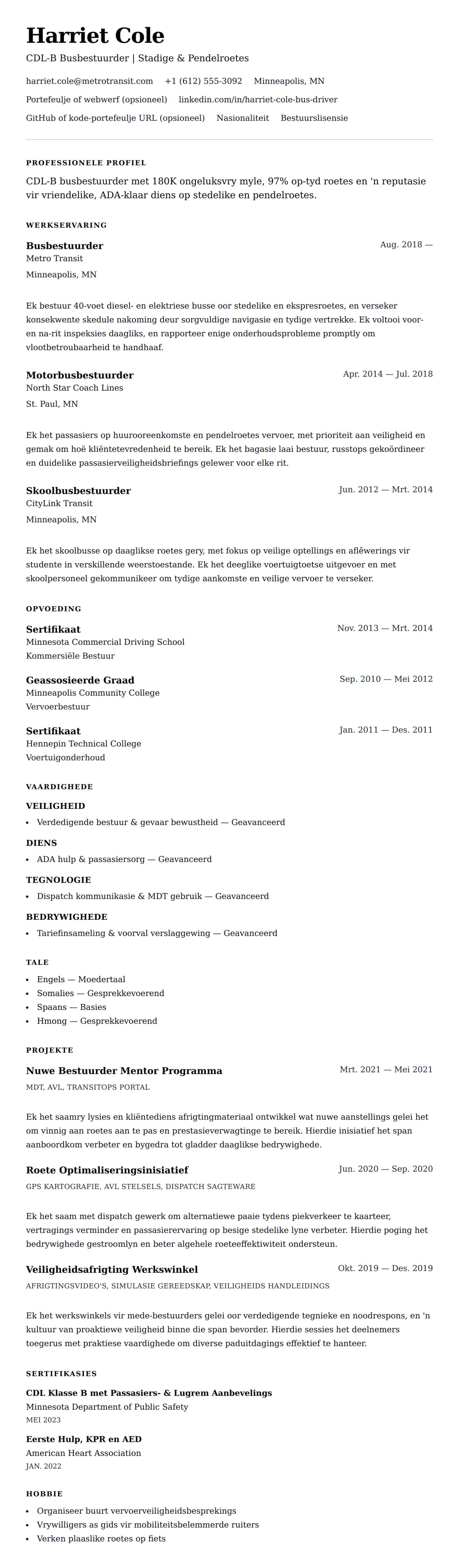 Leweensbeskrywing-vooruitskouk vir Busbestuurder Leweenskrif Voorbeeld