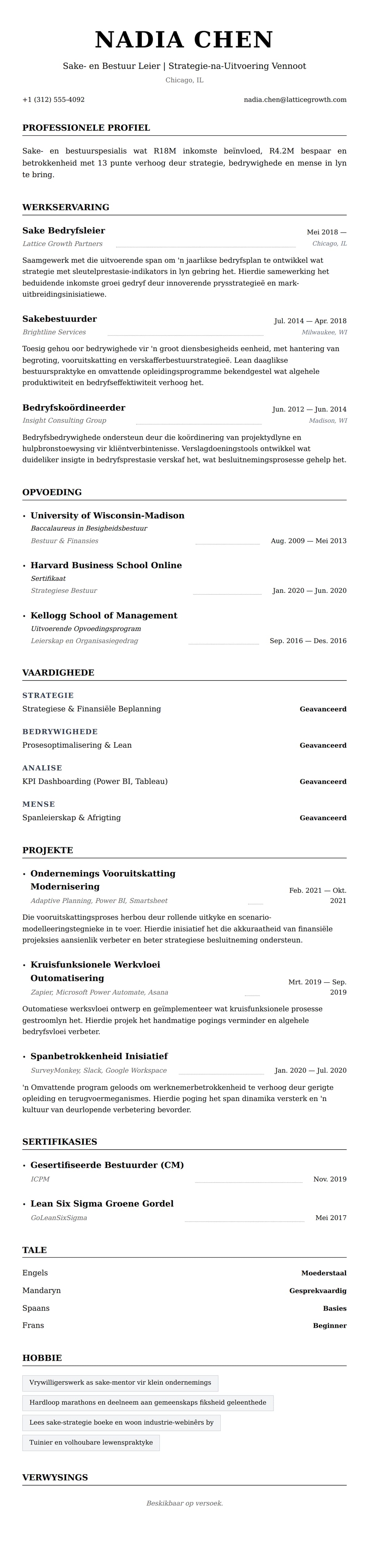 Leweensbeskrywing-vooruitskouk vir Voorbeeld van Lewensloop vir Sake- en Bestuurspesialis
