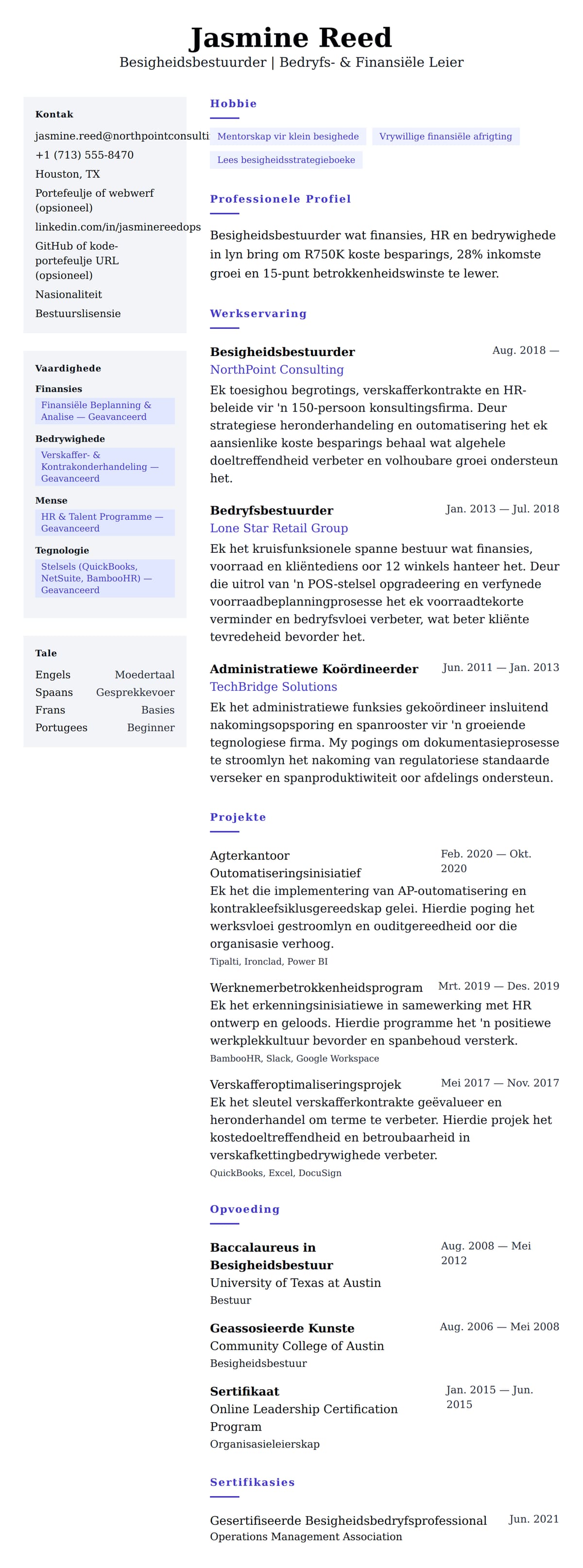 Leweensbeskrywing-vooruitskouk vir Besigheidsbestuurder Lewensloop Voorbeeld