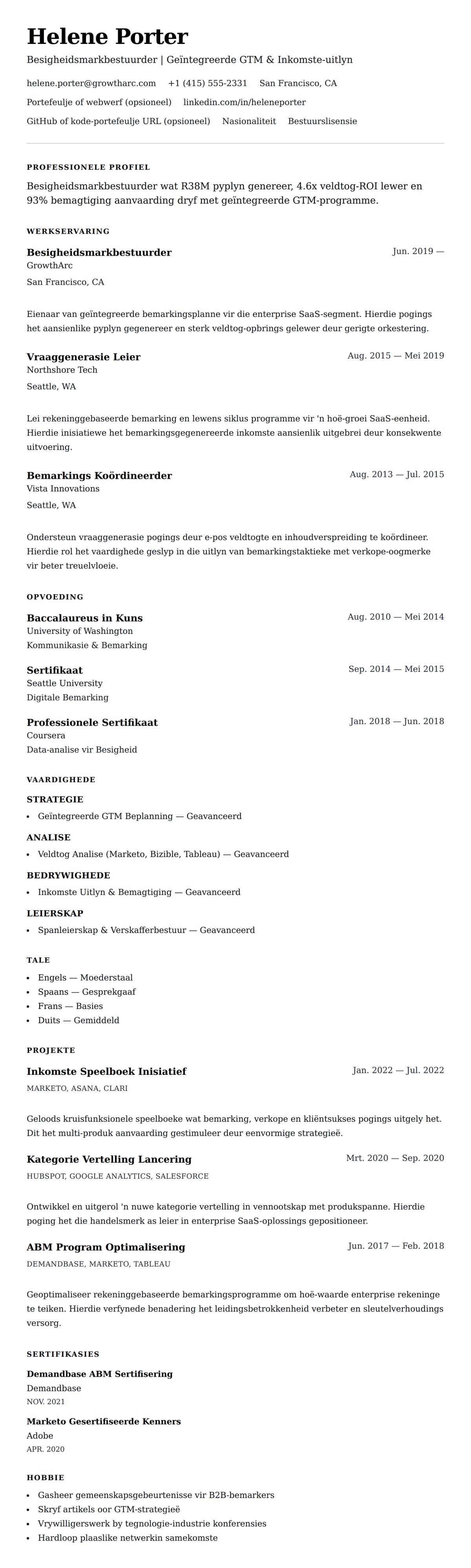 Leweensbeskrywing-vooruitskouk vir Voorbeeld van 'n CV vir Besigheidsmarkbestuurder