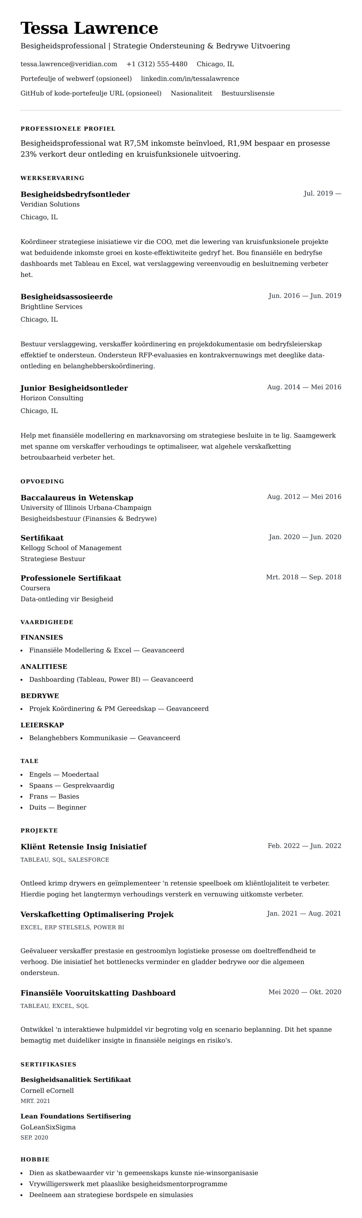 Leweensbeskrywing-vooruitskouk vir Besigheidsprofessional Lewensloop Voorbeeld