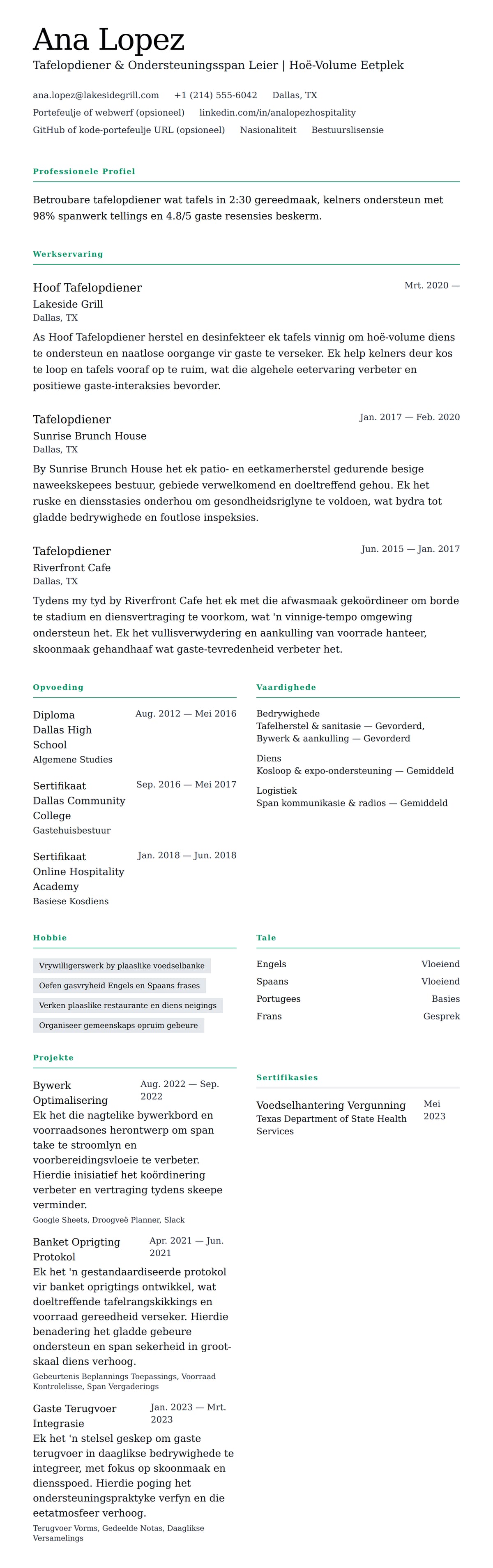 Leweensbeskrywing-vooruitskouk vir Tafelopdiener CV-Voorbeeld