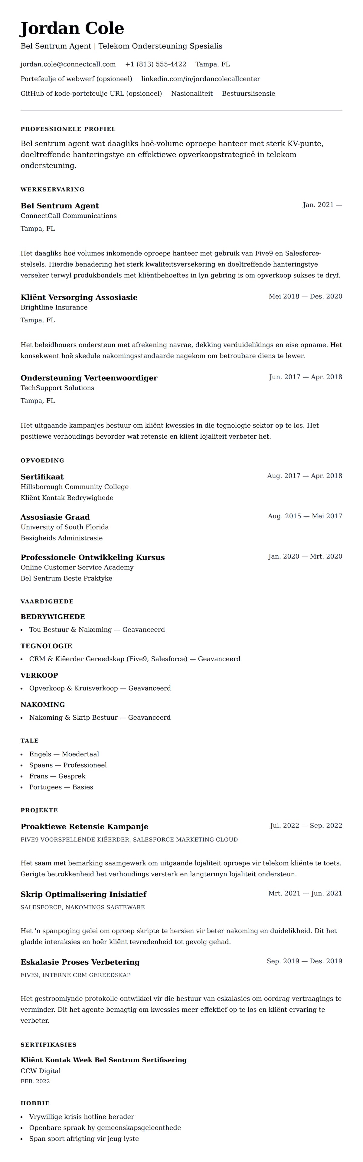 Bel Sentrum Agent Lewensloop Voorbeeld