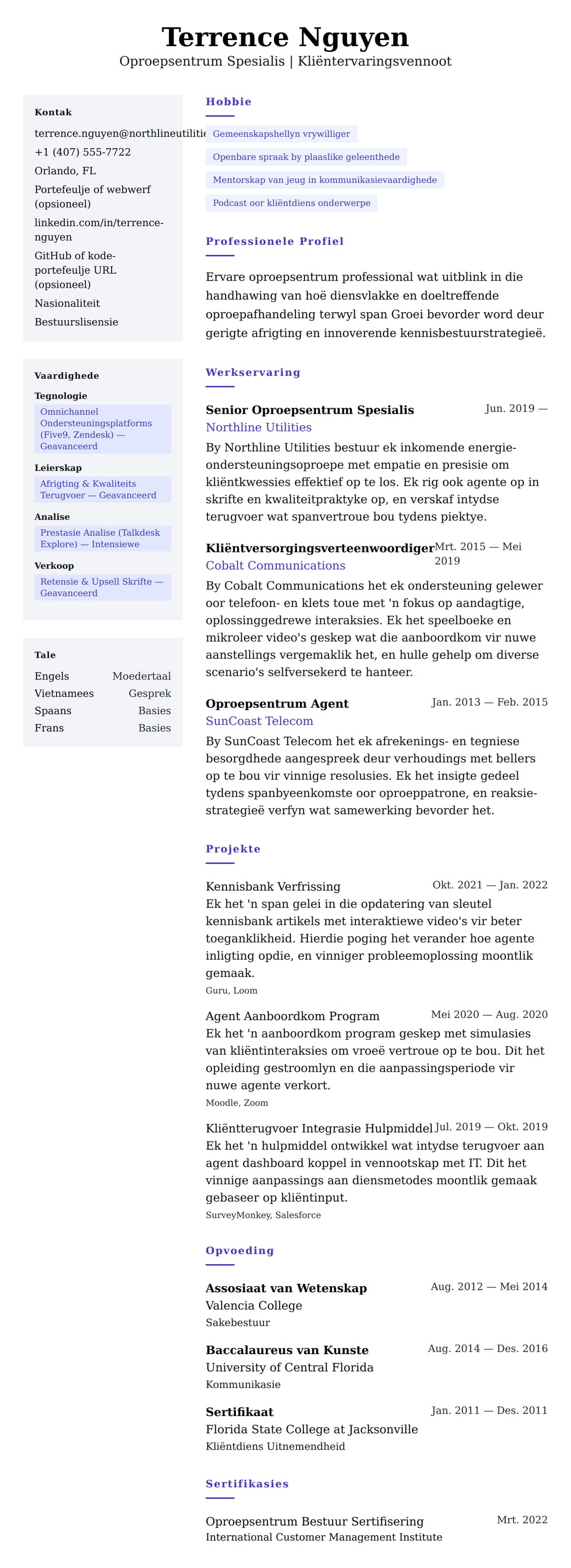 Oproepsentrum Professional Lewensloop Voorbeeld