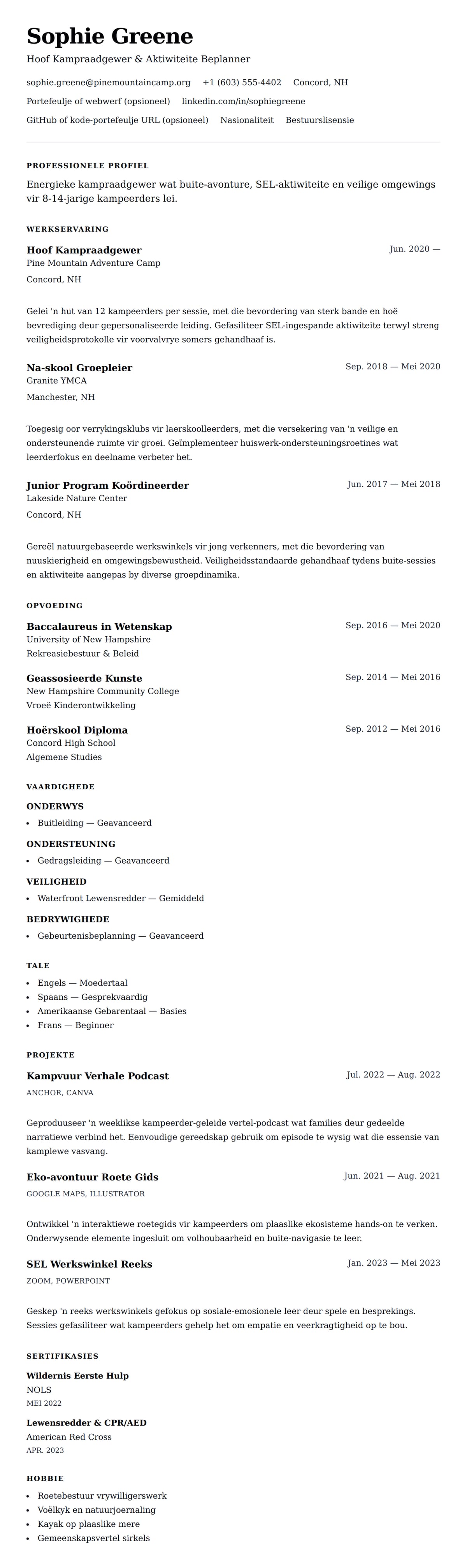 Leweensbeskrywing-vooruitskouk vir Kampraadgewer CV Voorbeeld