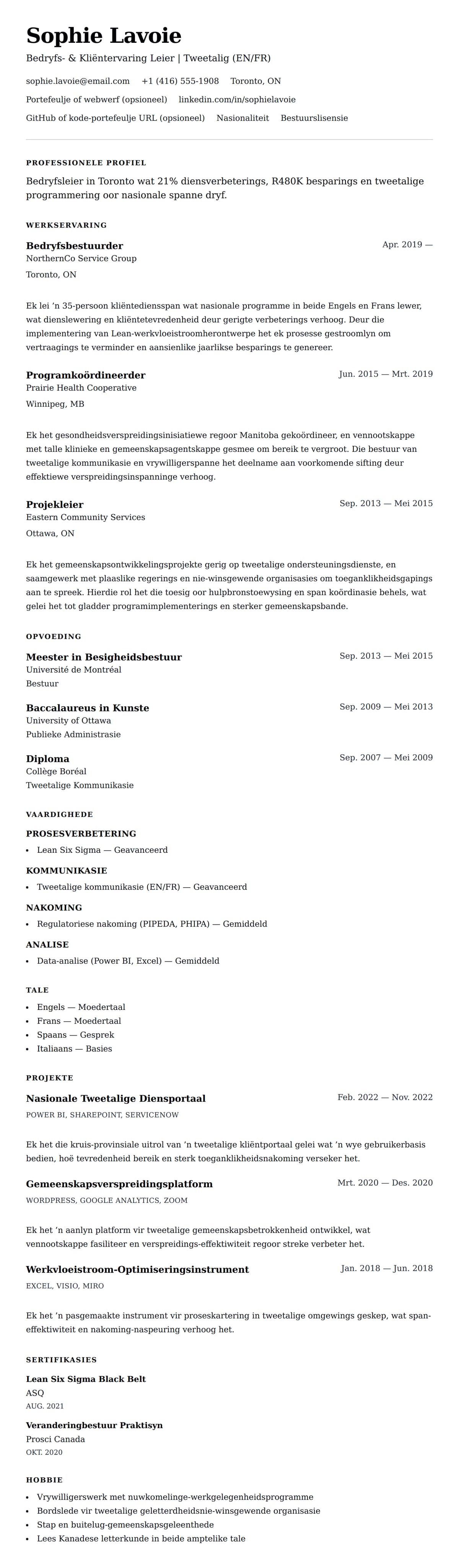 Leweensbeskrywing-vooruitskouk vir Kanadese Lewensloopformaat Voorbeeld