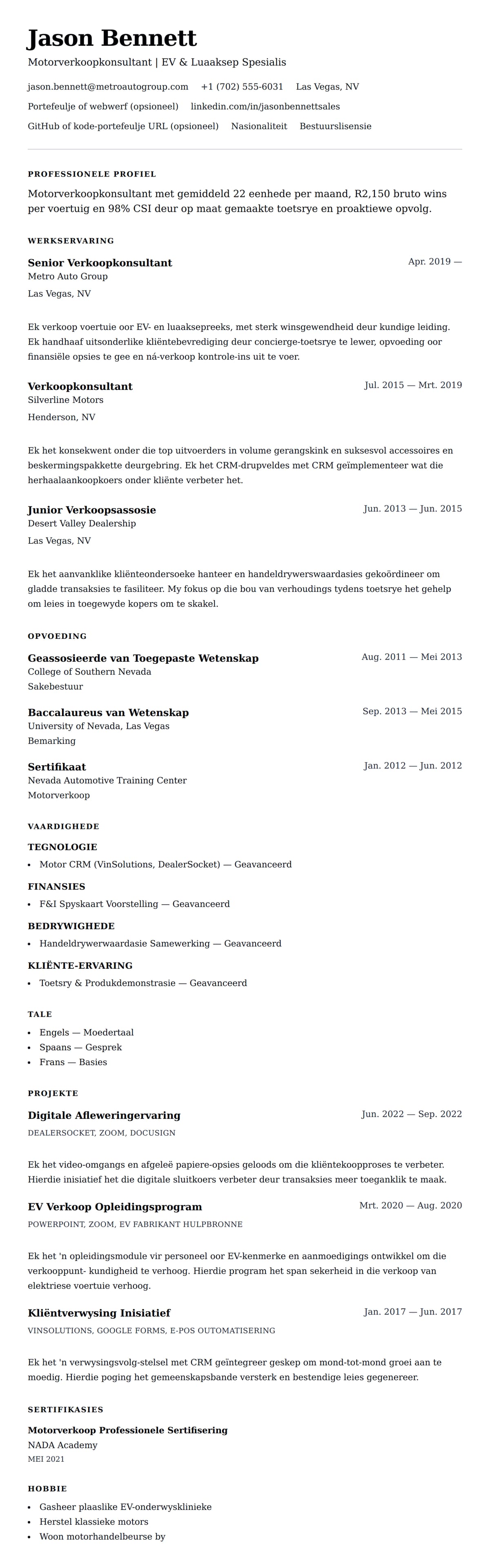 Leweensbeskrywing-vooruitskouk vir Voorbeeld van Motorverkoopkonsultant se CV