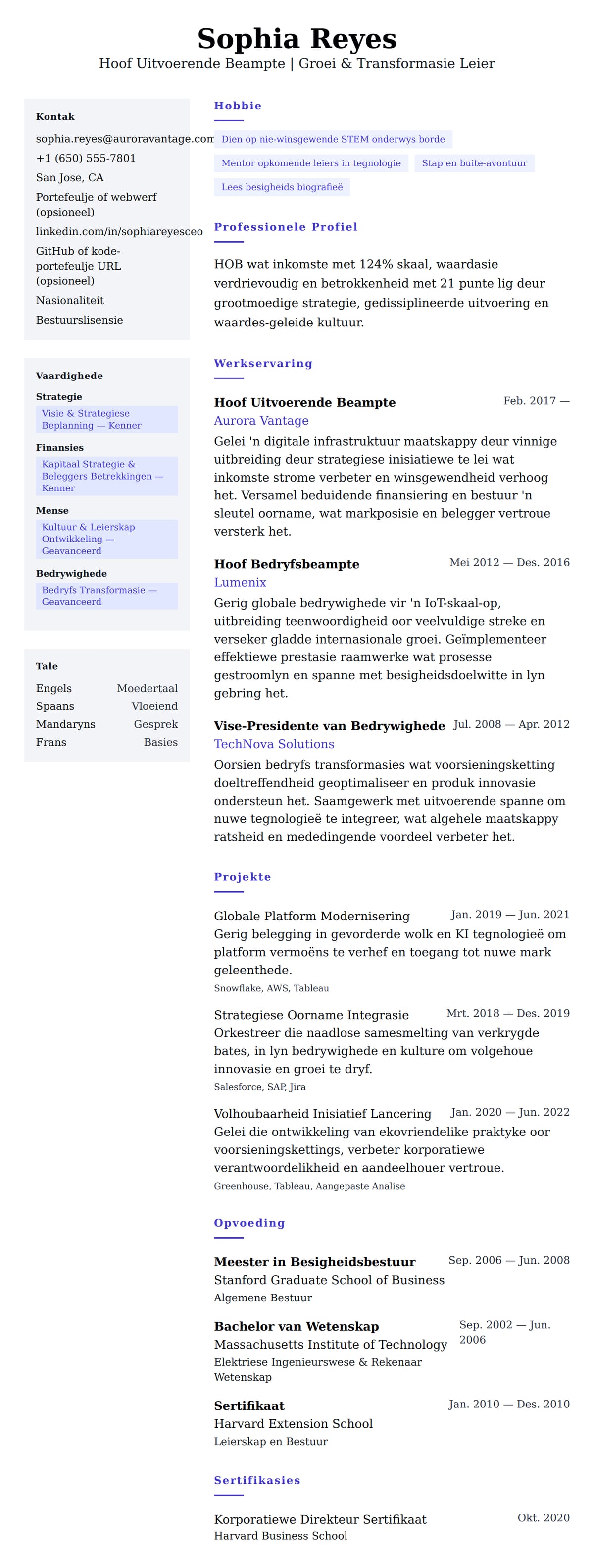 Leweensbeskrywing-vooruitskouk vir Hoof Uitvoerende Beampte Lewensloop Voorbeeld