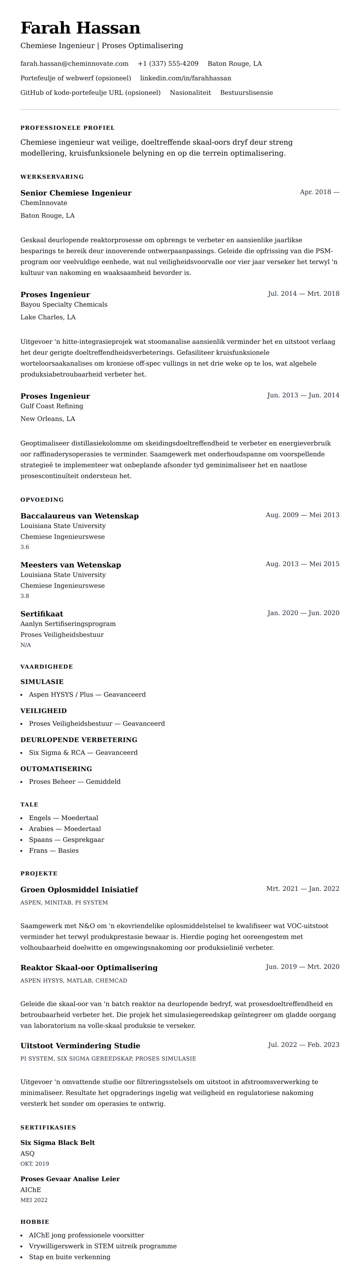 Leweensbeskrywing-vooruitskouk vir Chemiese Ingenieur CV Voorbeeld