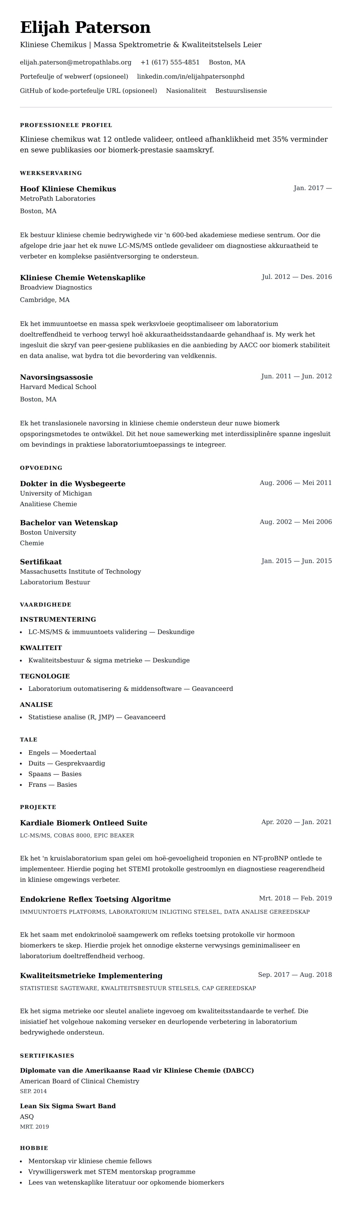 Leweensbeskrywing-vooruitskouk vir Kliniese Chemikus Lewensloop Voorbeeld