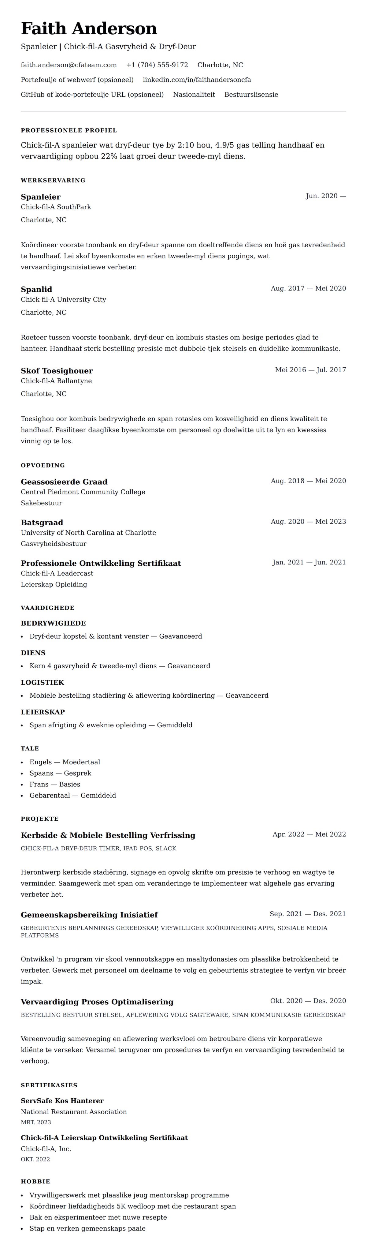 Leweensbeskrywing-vooruitskouk vir Chick-fil-A Spanlid Lewensloopvoorbeeld