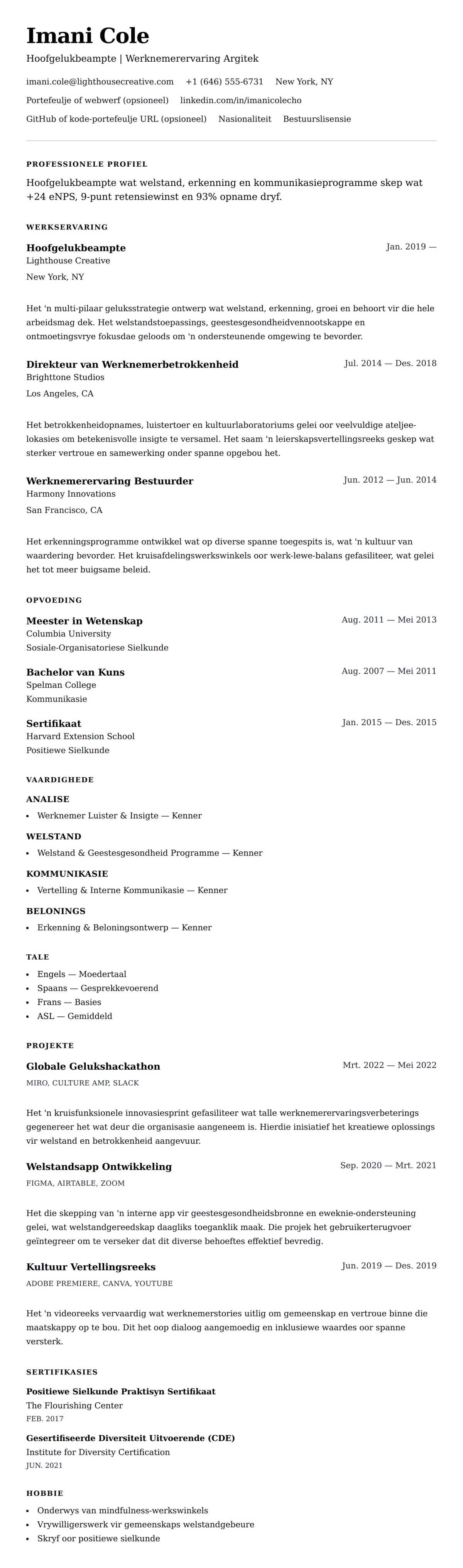 Leweensbeskrywing-vooruitskouk vir Hoofgelukbeampte (HGB) Lewensloop Voorbeeld