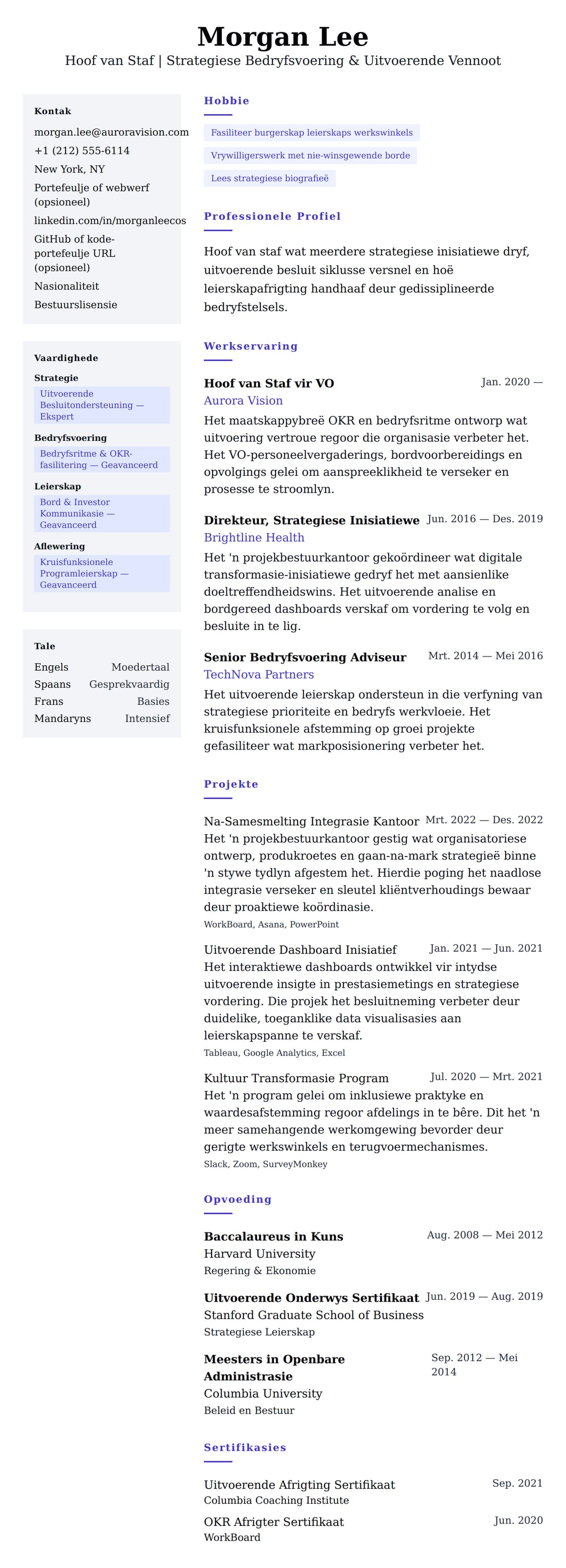 Leweensbeskrywing-vooruitskouk vir Hoof van Staf CV-Voorbeeld
