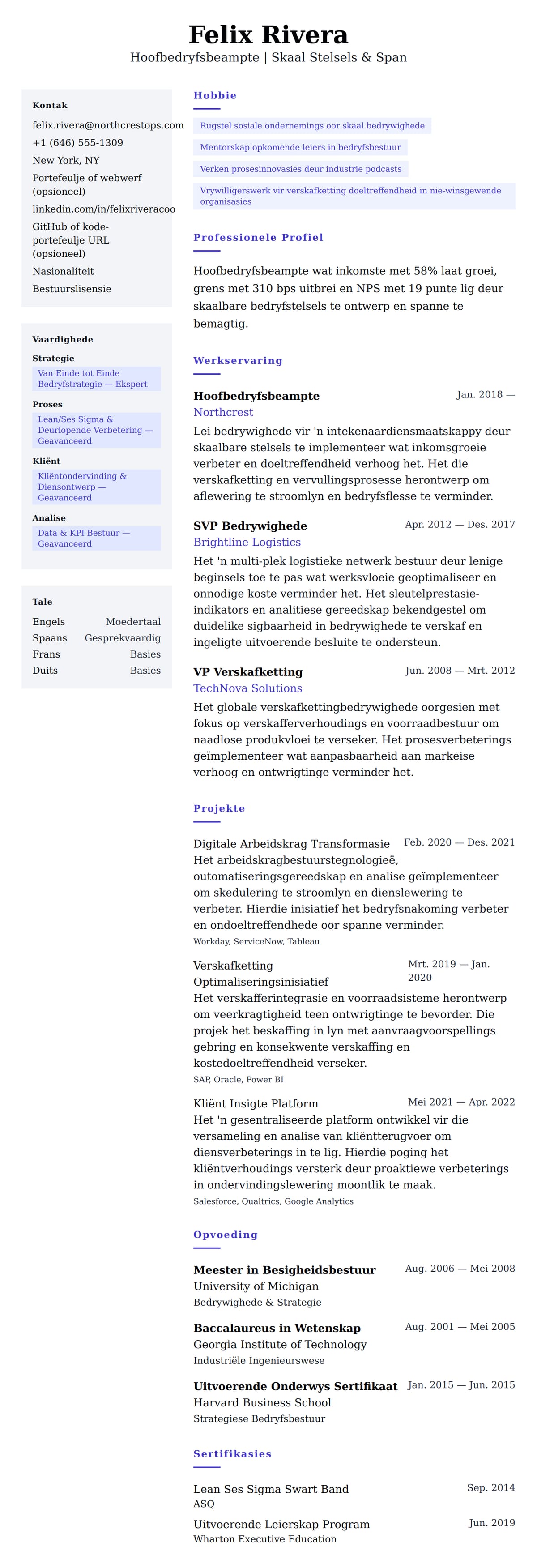 Leweensbeskrywing-vooruitskouk vir Hoofbedryfsbeampte Lewensloop Voorbeeld