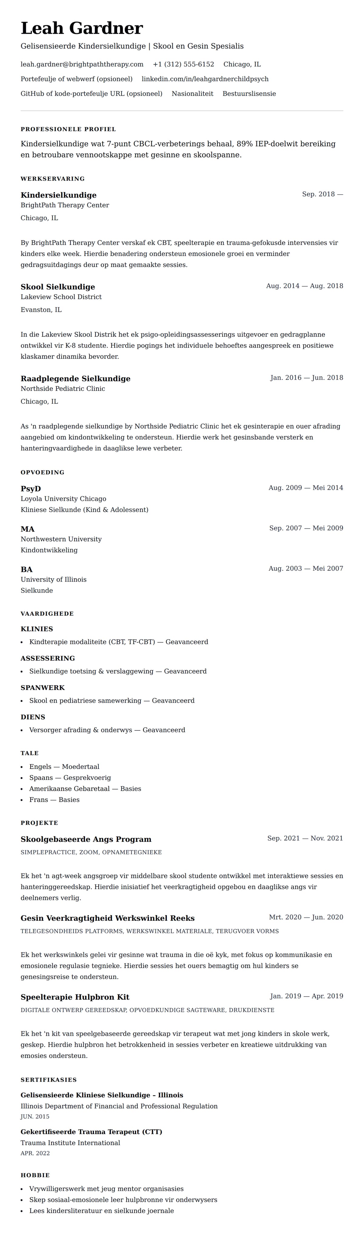 Leweensbeskrywing-vooruitskouk vir Kindersielkundige Lewensloop Voorbeeld