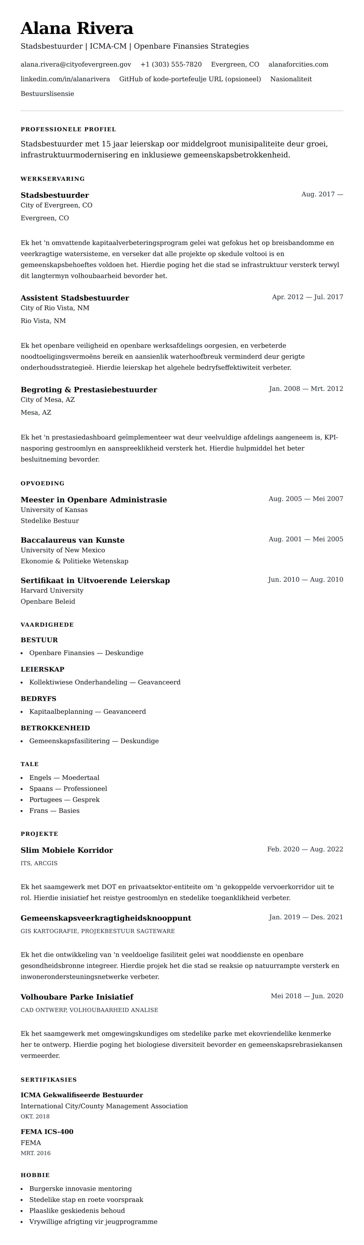 Leweensbeskrywing-vooruitskouk vir Stadsbestuurder Lewensloop Voorbeeld