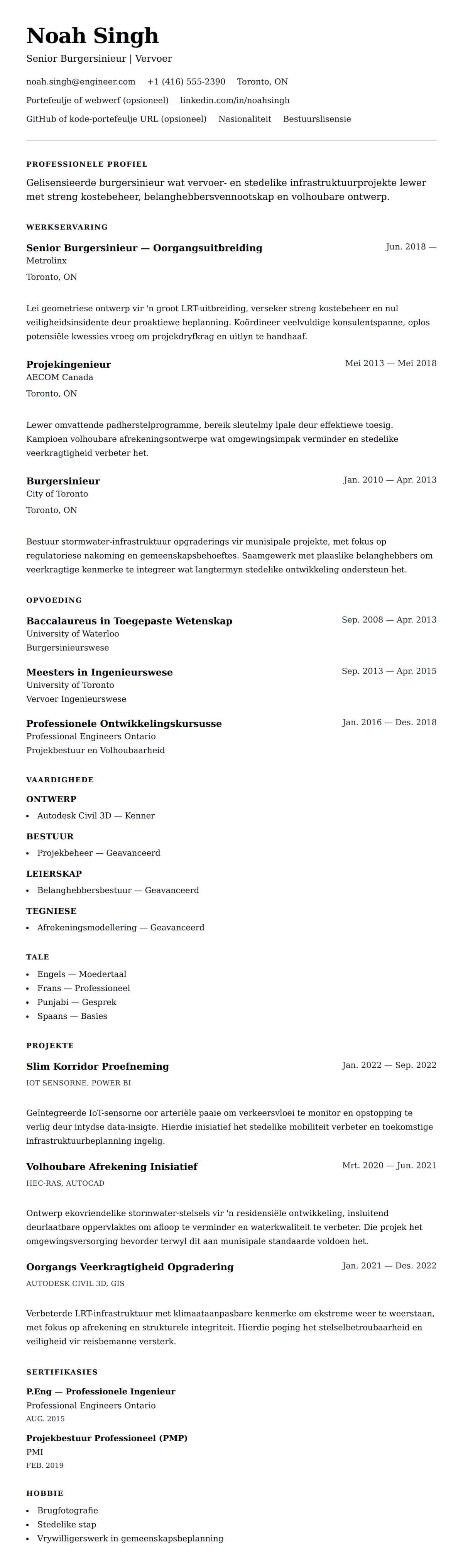Leweensbeskrywing-vooruitskouk vir Burgersinieur Lewensloop Voorbeeld