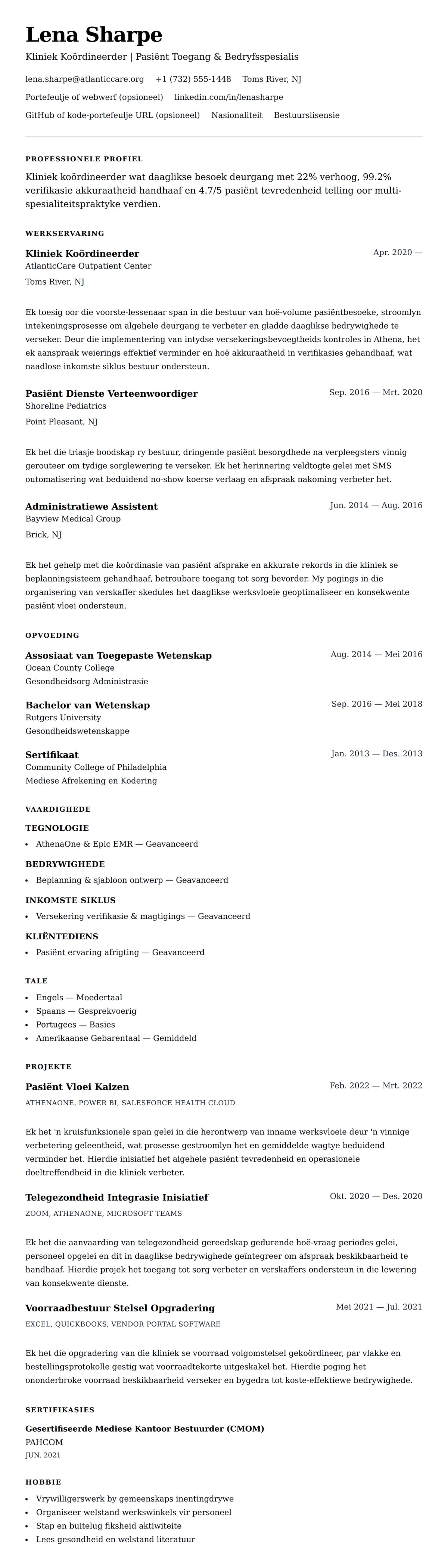 Leweensbeskrywing-vooruitskouk vir Kliniek Koördineerder Lewensloop Voorbeeld