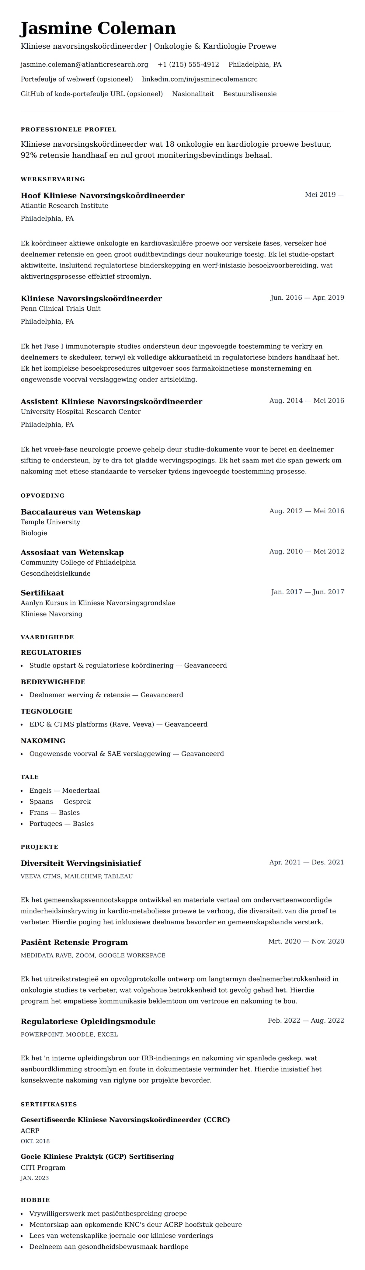 Leweensbeskrywing-vooruitskouk vir Kliniese navorsingskoördineerder leefbeginsel voorbeeld