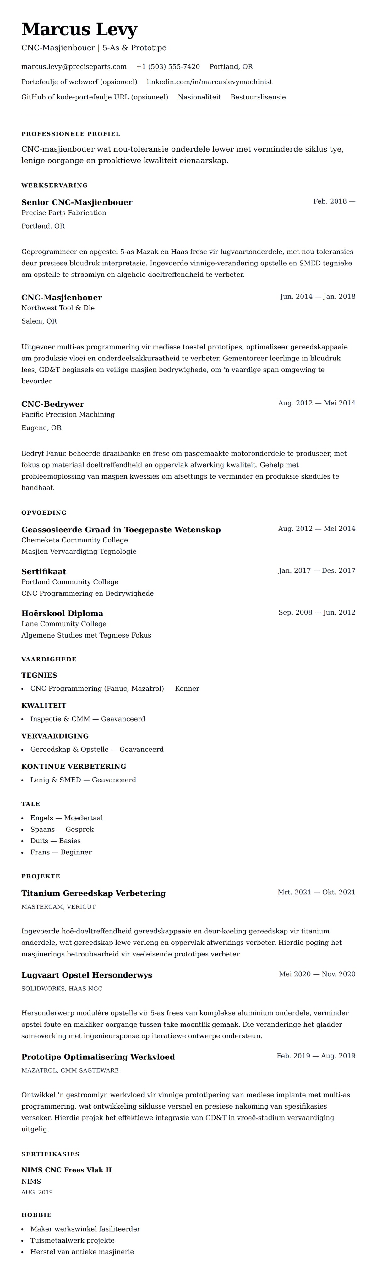 Leweensbeskrywing-vooruitskouk vir CNC-Masjienbouer Lewensloop Voorbeeld