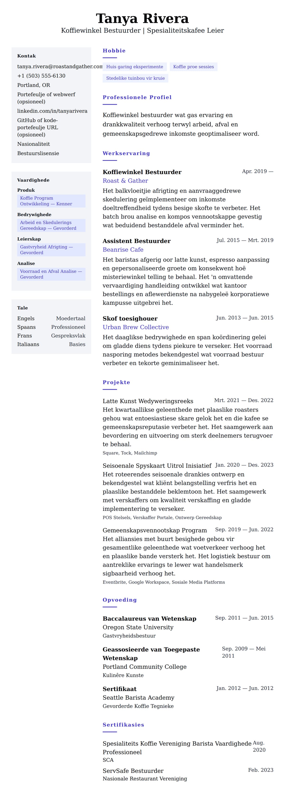 Leweensbeskrywing-vooruitskouk vir Koffiewinkel Bestuurder Lewensloop Voorbeeld