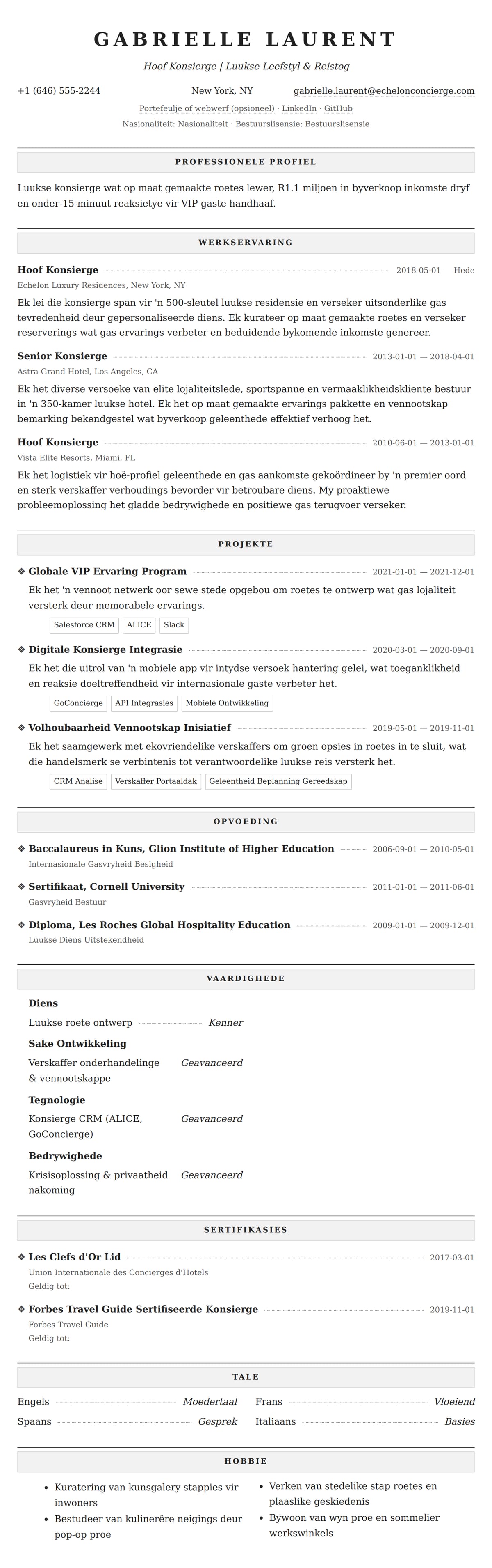 Leweensbeskrywing-vooruitskouk vir Konsierge Lewensloop Voorbeeld