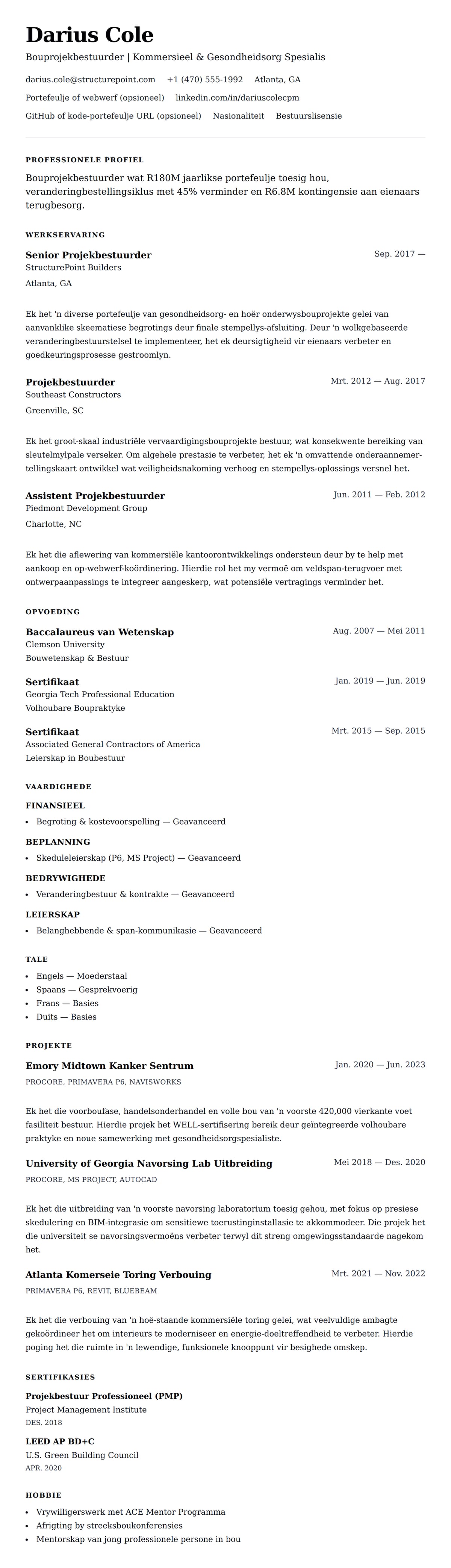 Leweensbeskrywing-vooruitskouk vir Bouprojekbestuurder Lewensloop Voorbeeld