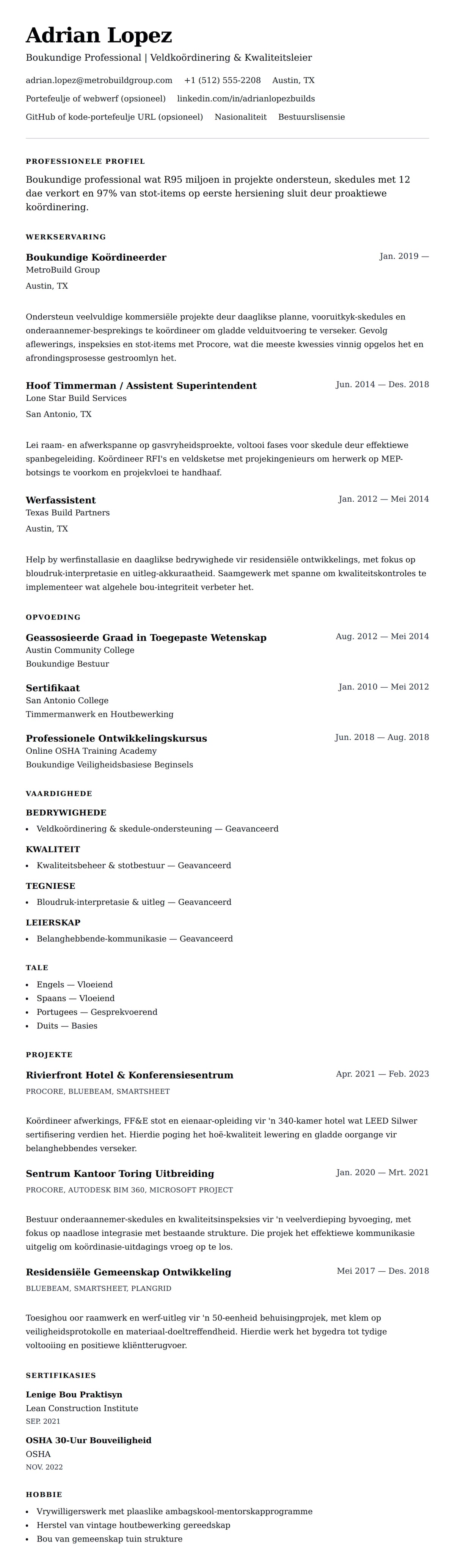 Leweensbeskrywing-vooruitskouk vir Boukundige Professional Lewensloop Voorbeeld