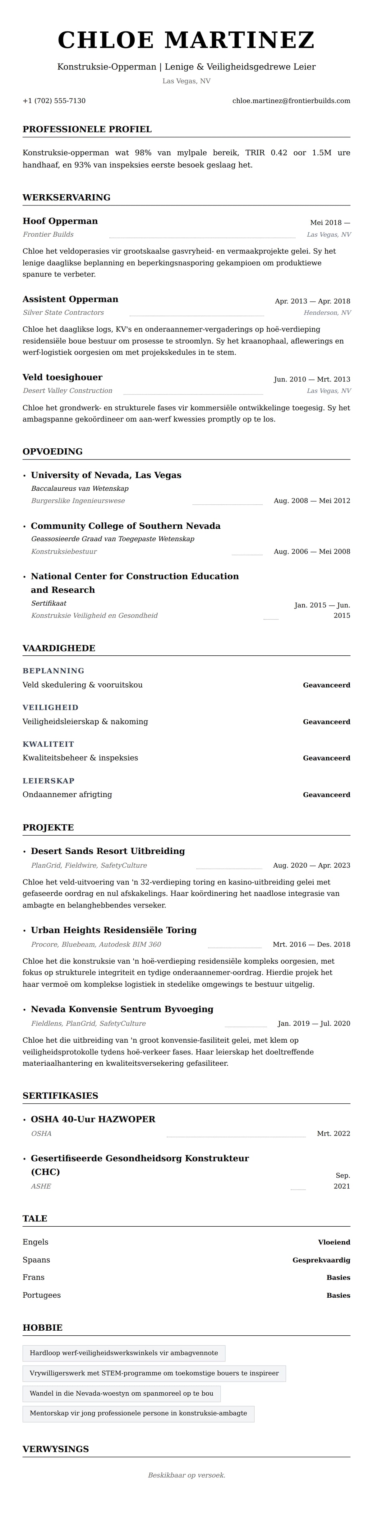 Leweensbeskrywing-vooruitskouk vir Konstruksie-Opperman Lewensloop Voorbeeld