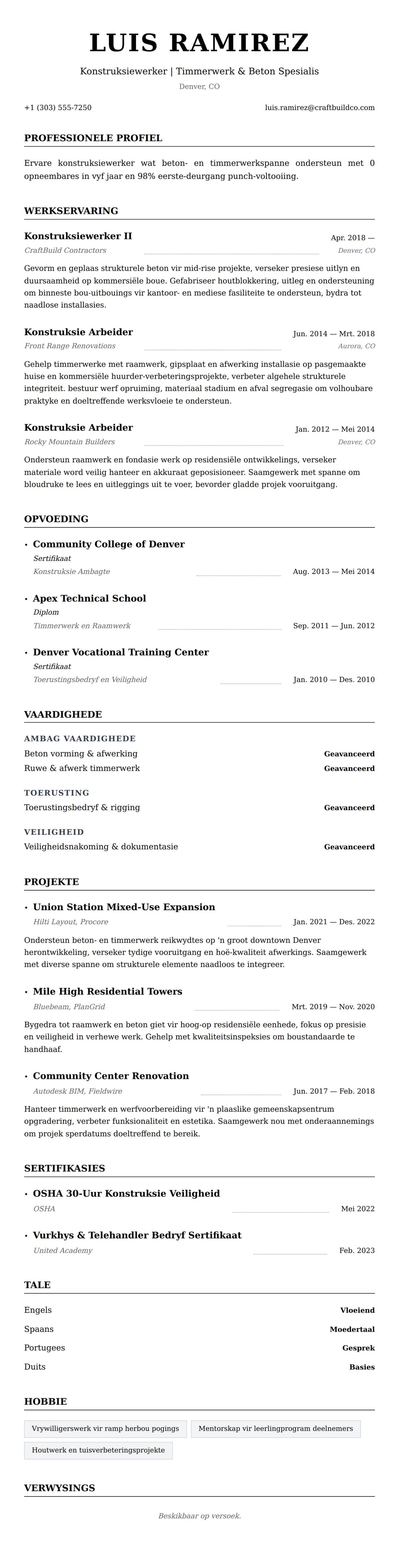 Leweensbeskrywing-vooruitskouk vir Konstruksiewerker Lewensloop Voorbeeld