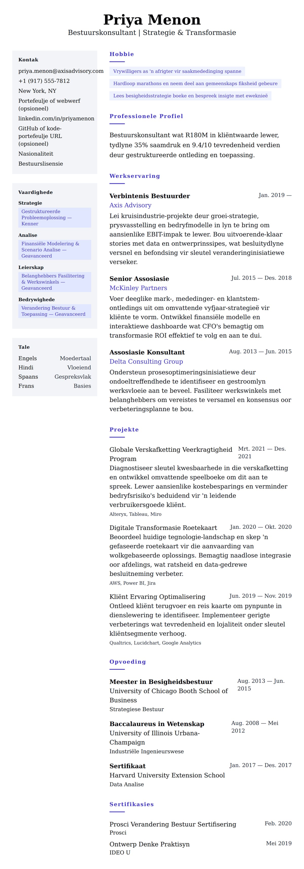 Leweensbeskrywing-vooruitskouk vir Bestuurskonsultant CV-voorbeeld